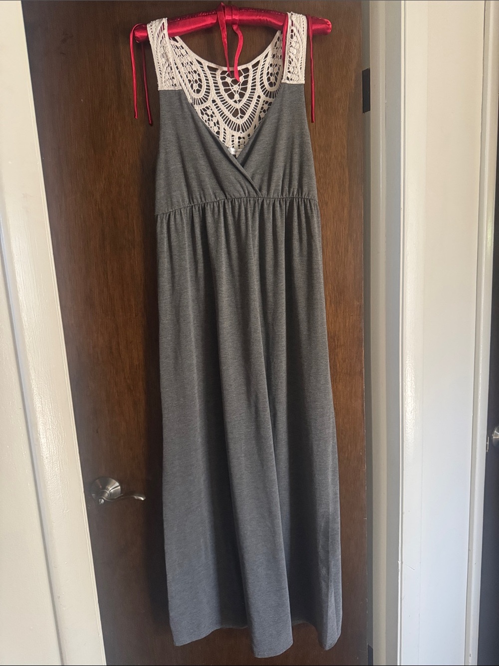Sleeveless Gray Maxi Dress with Crochet Yoke